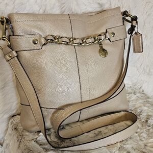Coach Beige Leather Shoulder Bag with Chain Detail